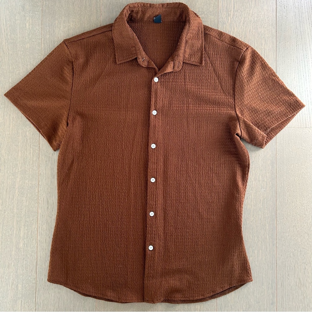 Manfinity Brown Textured Button Down Casual Shirt